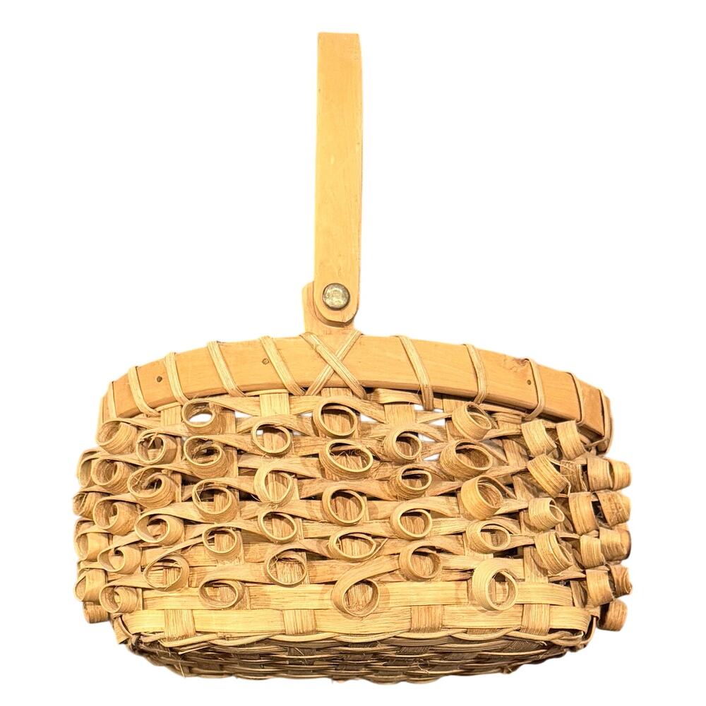 VTG Native American Penobscot Wabanaki Curly Ash Splint Basket W/ Folding Handle